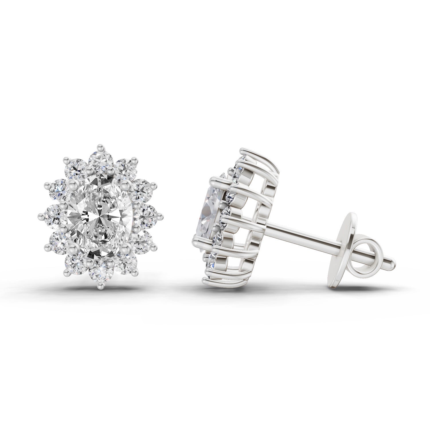 0.95 Ct  Oval Cluster Diamond Stud Earrings | 14K White Gold