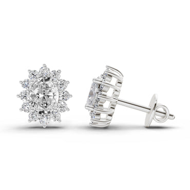 0.95 Ct  Oval Cluster Diamond Stud Earrings | 14K White Gold
