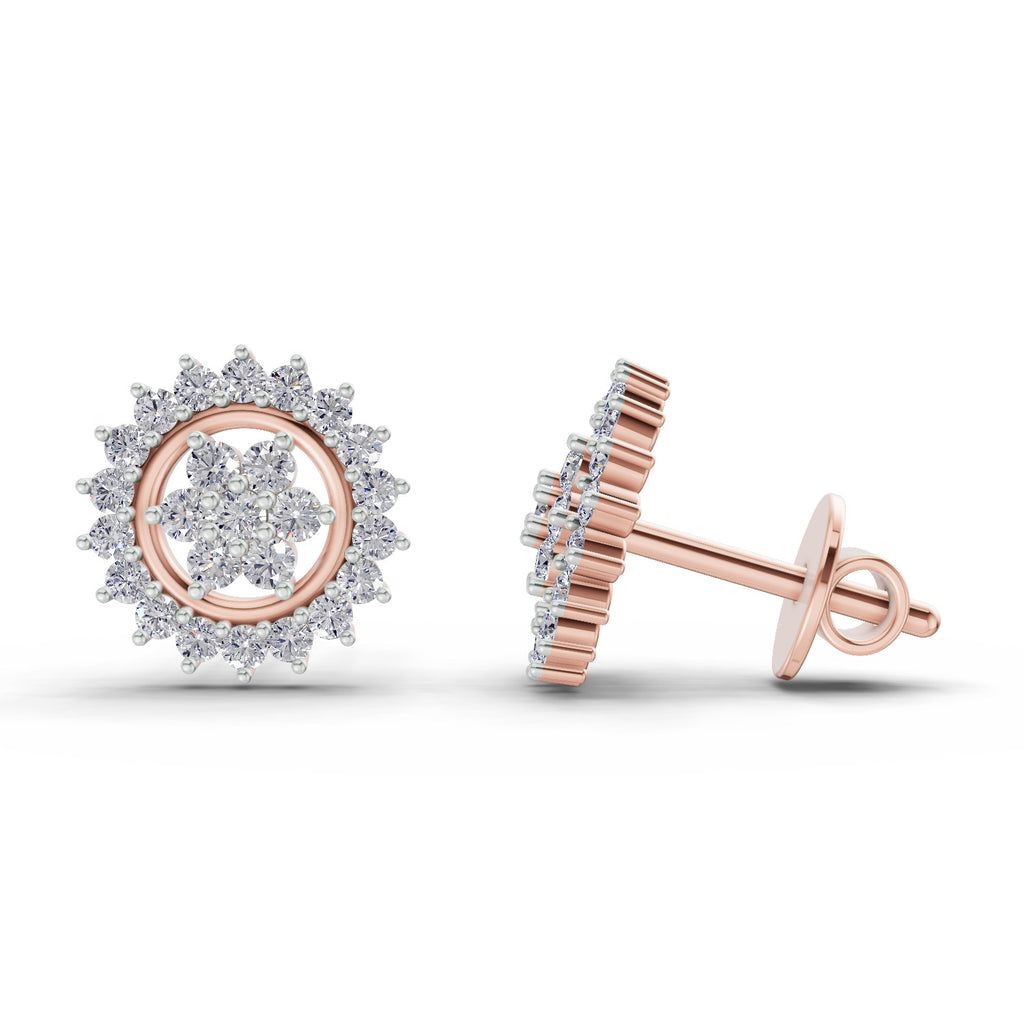 0.83 Ct  Round Shape Floral Cluster Diamond Stud Earrings | 14K Yellow Gold