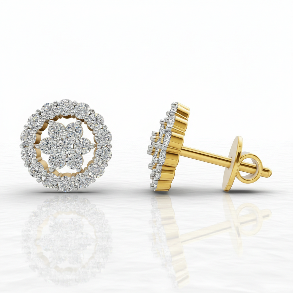 0.67 Ct  Round Shape Floral Cluster Diamond Stud Earrings | 14K Rose Gold