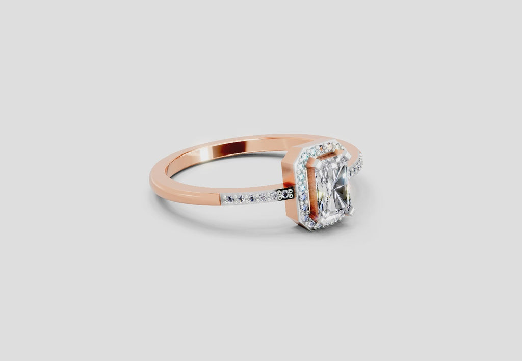0.7 Ct Emerald Cut Halo Ring | 14K Rose Gold