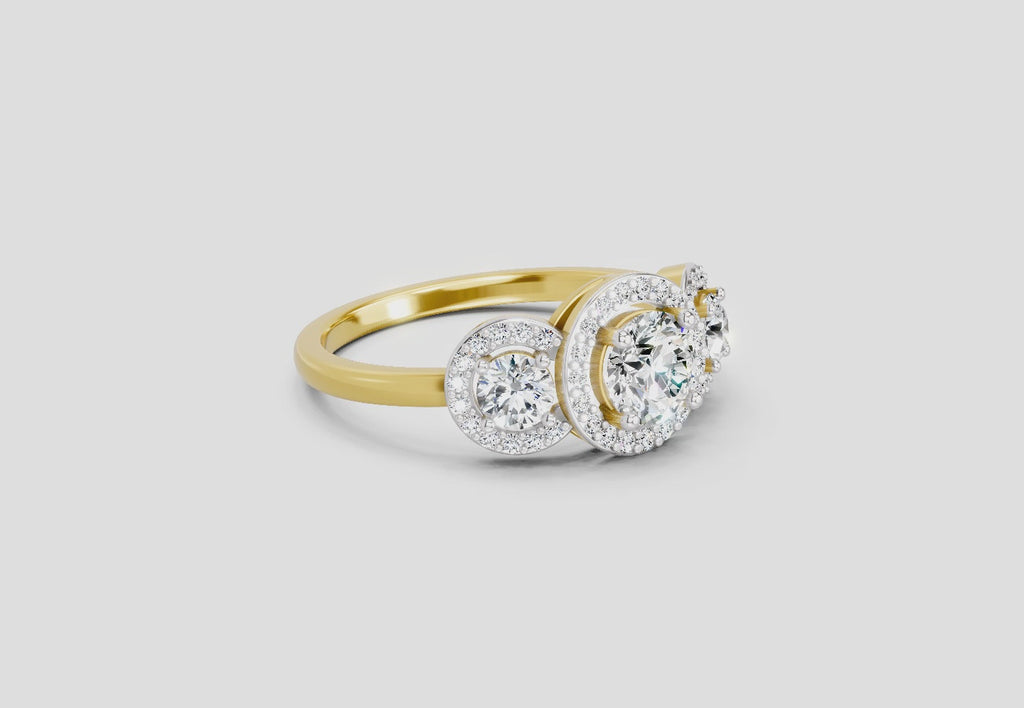 1.01 Ct Round 3 Stone Halo Diamond Ring | 14K Yellow Gold