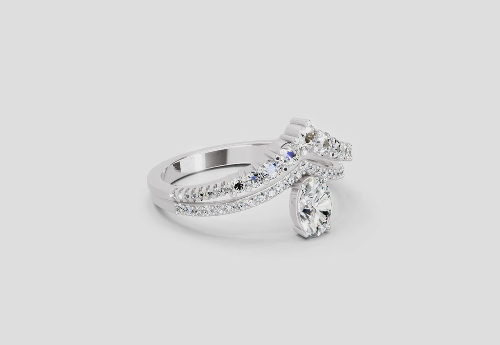 0.82 Ct Oval Diamond Crown Ring Set | 14K White Gold