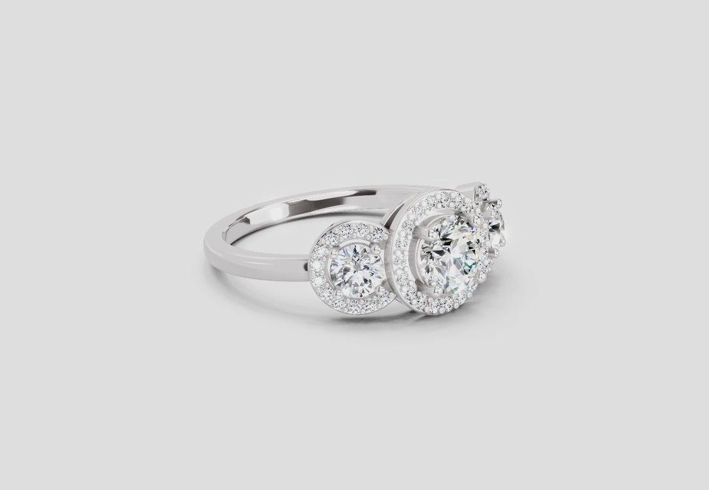 1.01 Ct Round 3 Stone Halo Diamond Ring | 14K White Gold