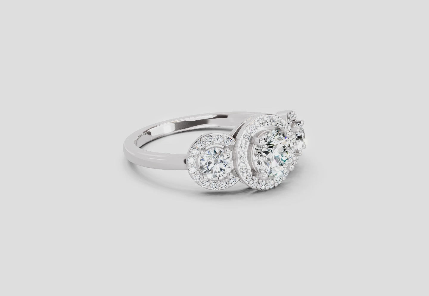 1.01 Ct Round 3 Stone Halo Diamond Ring | 14K White Gold