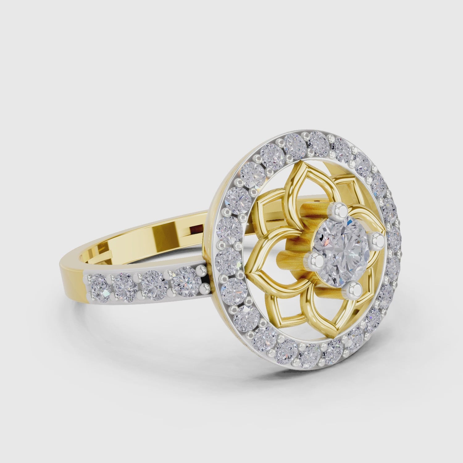 0.86 Carat Round Shape Diamond Floral Halo Ring | 14K Yellow Gold