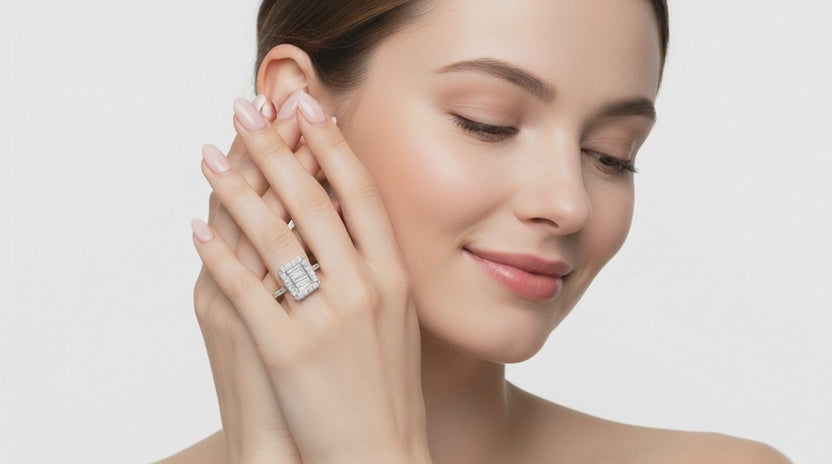 0.42 Ct Baguette Shape Halo Diamond Ring | 14K Yellow Gold