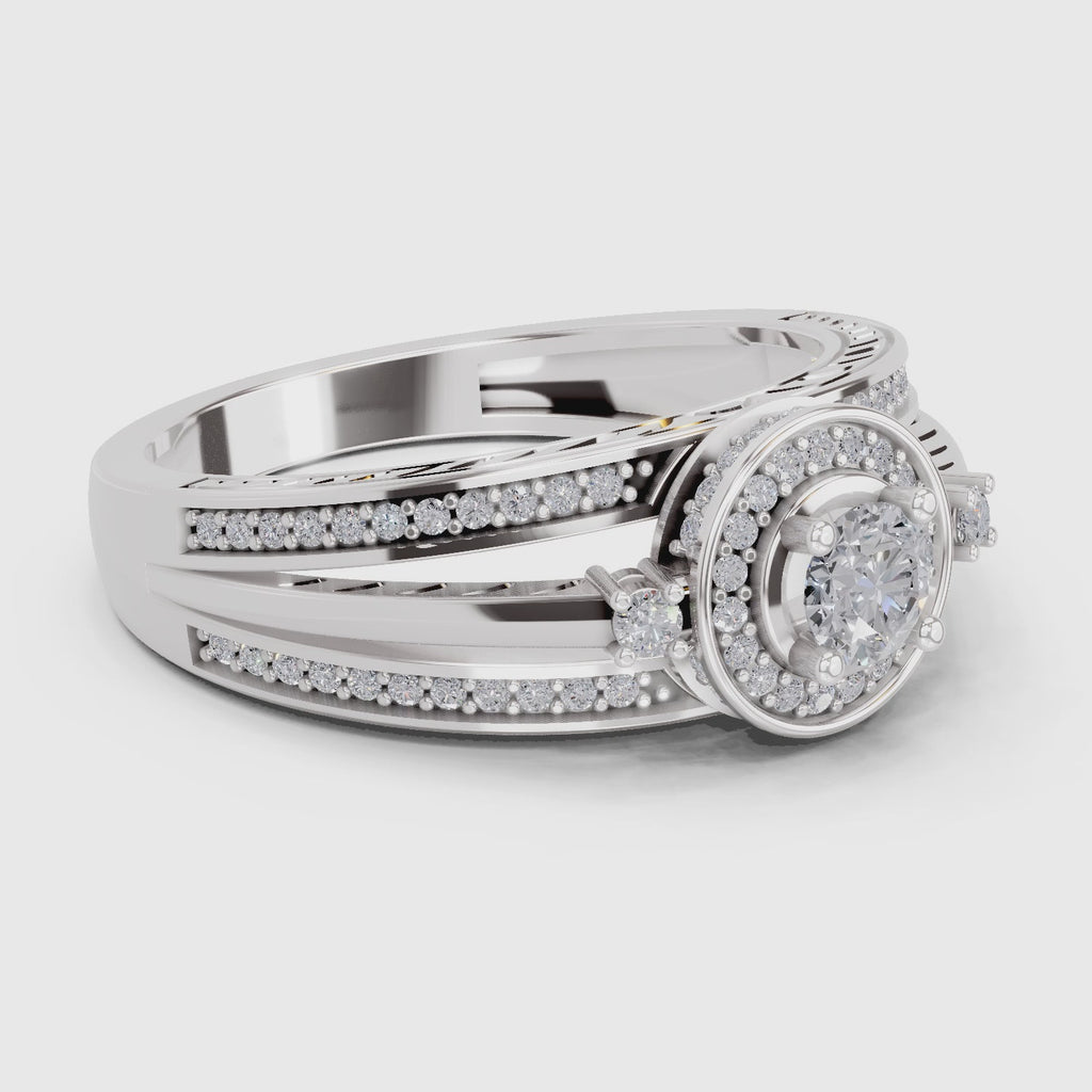 0.6 Carat Round Shape Circle Halo Engagement Ring | 14K White Gold