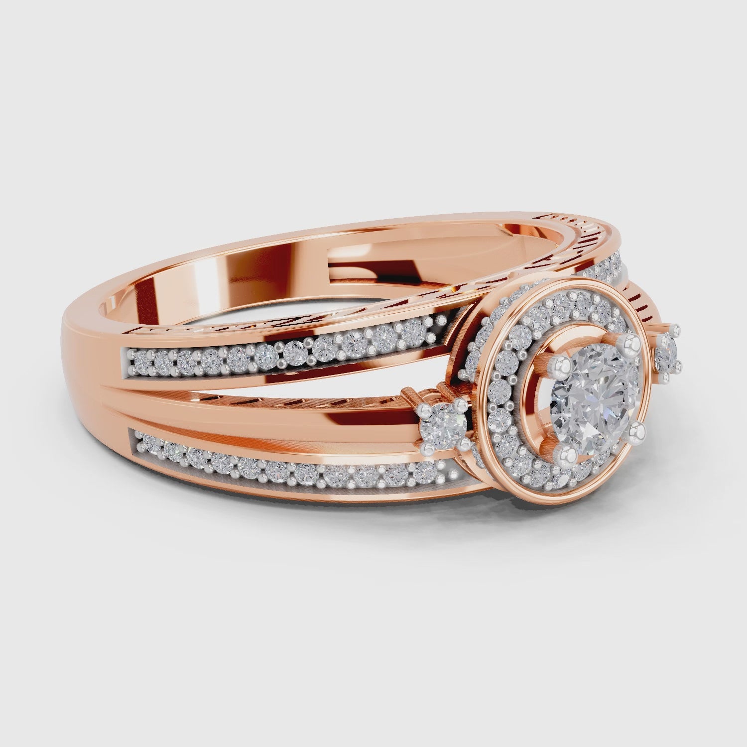 0.6 Carat Round Shape Circle Halo Engagement Ring | 14K Rose Gold