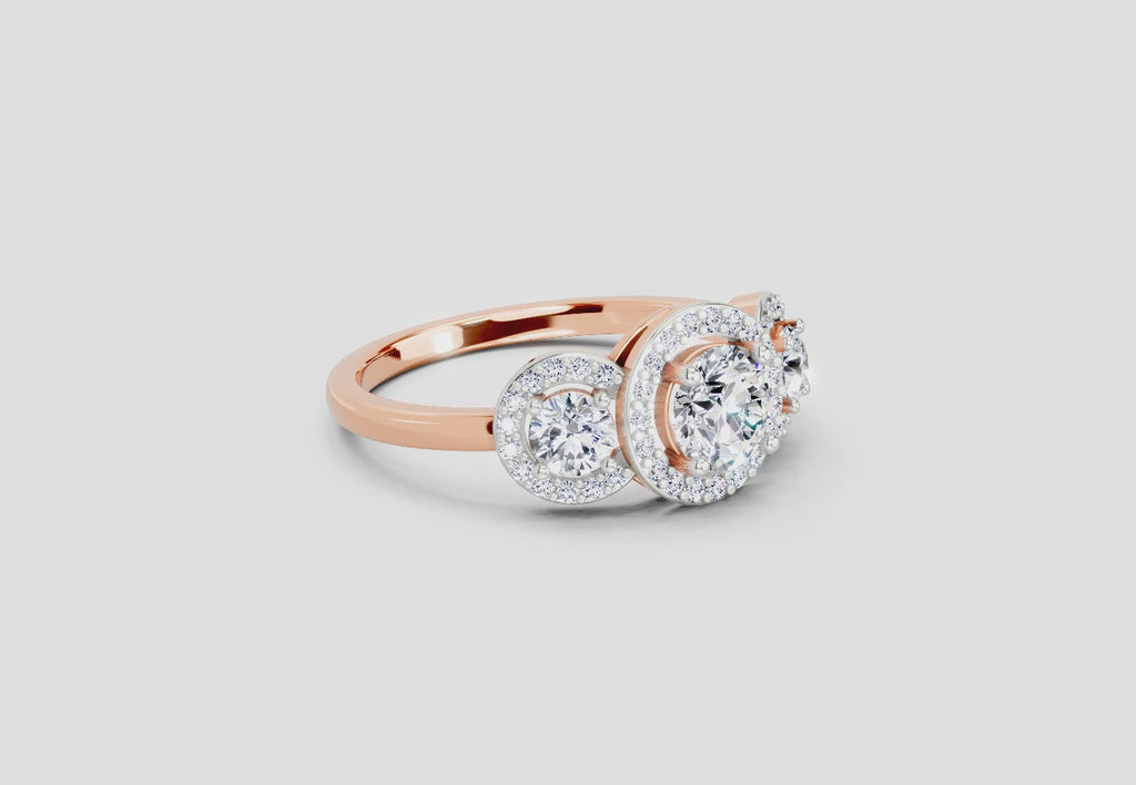 1.01 Ct Round 3 Stone Halo Diamond Ring | 14K Rose Gold