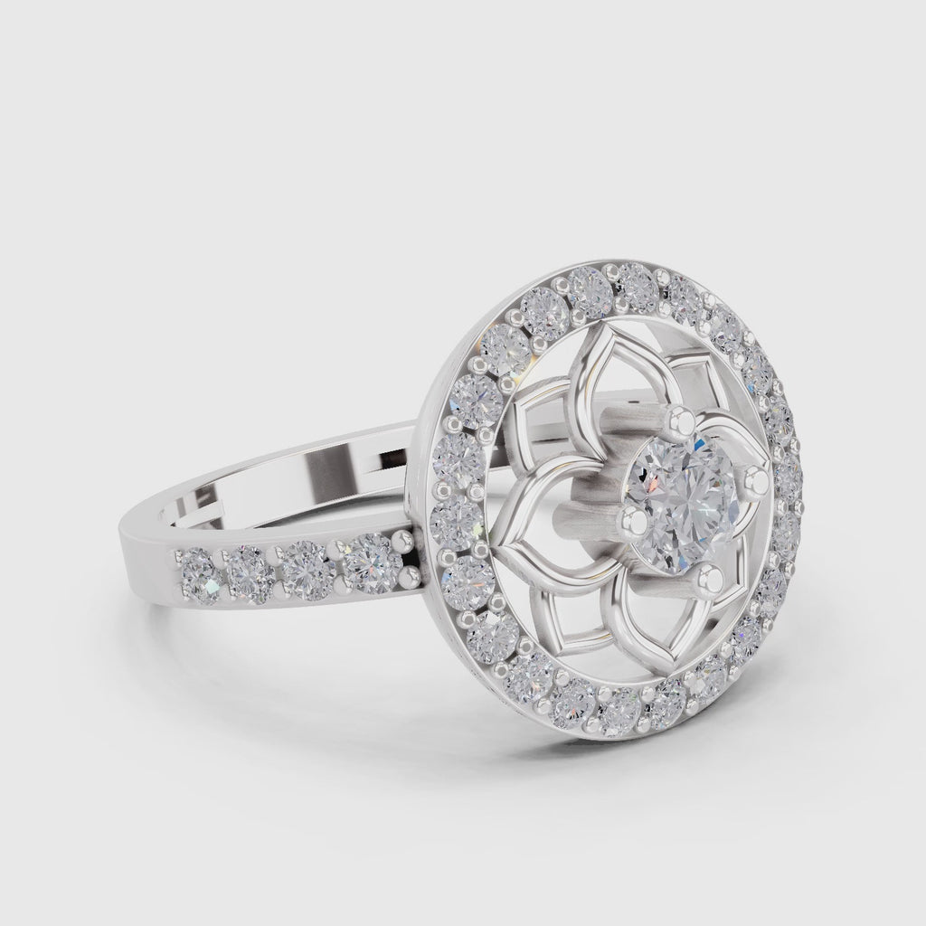 0.86 Carat Round Shape Diamond Floral Halo Ring | 14K White Gold