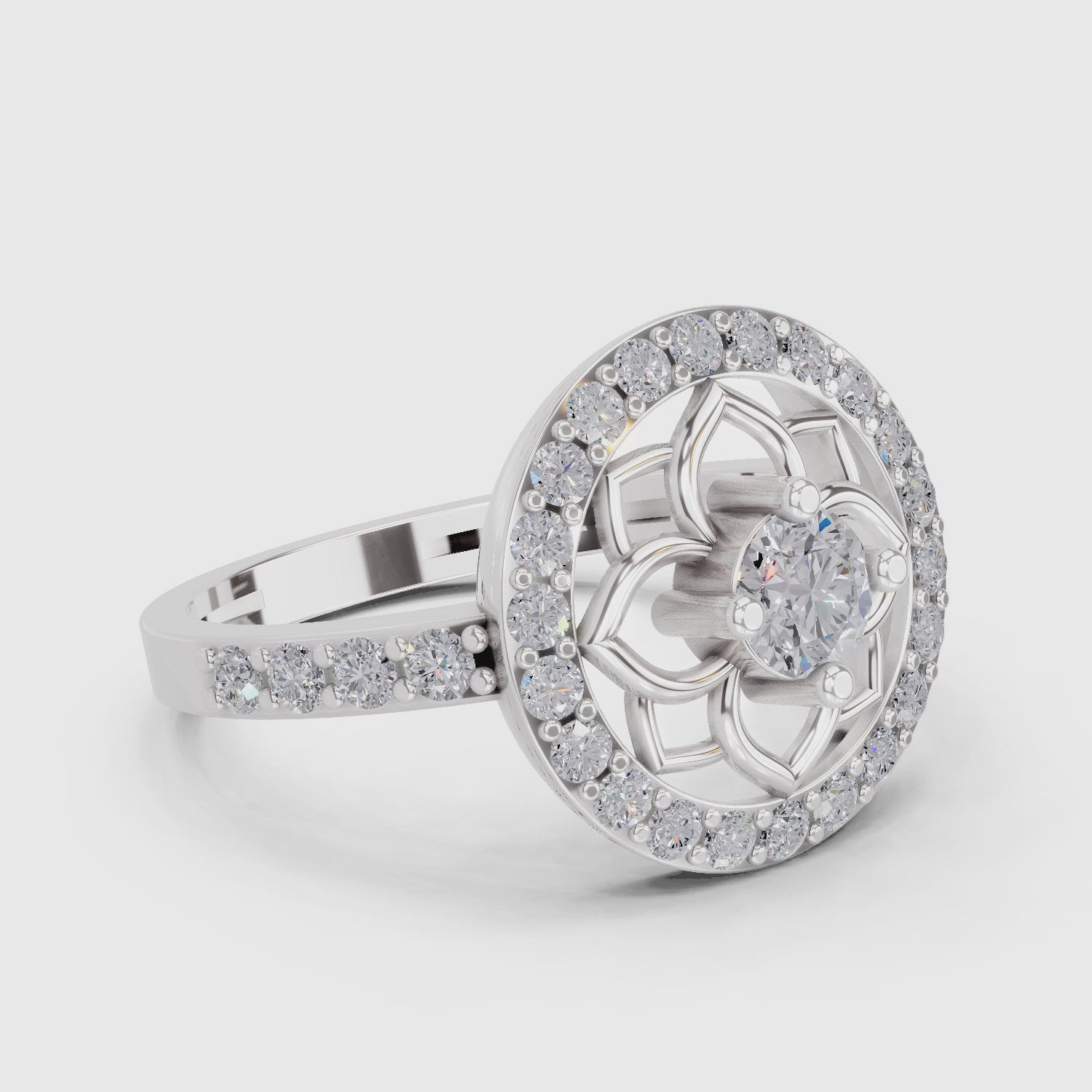 0.86 Carat Round Shape Diamond Floral Halo Ring | 14K White Gold