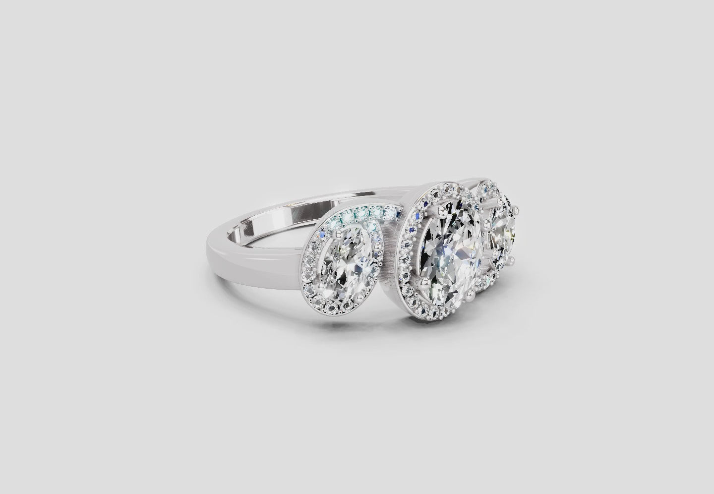 2 Ct Oval Three-Stone Halo Ring | 14K White Gold
